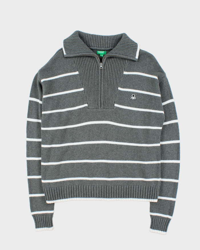 Vintage 00s Benetton Striped Quarter-Zip Funnel Knit Jumper - M