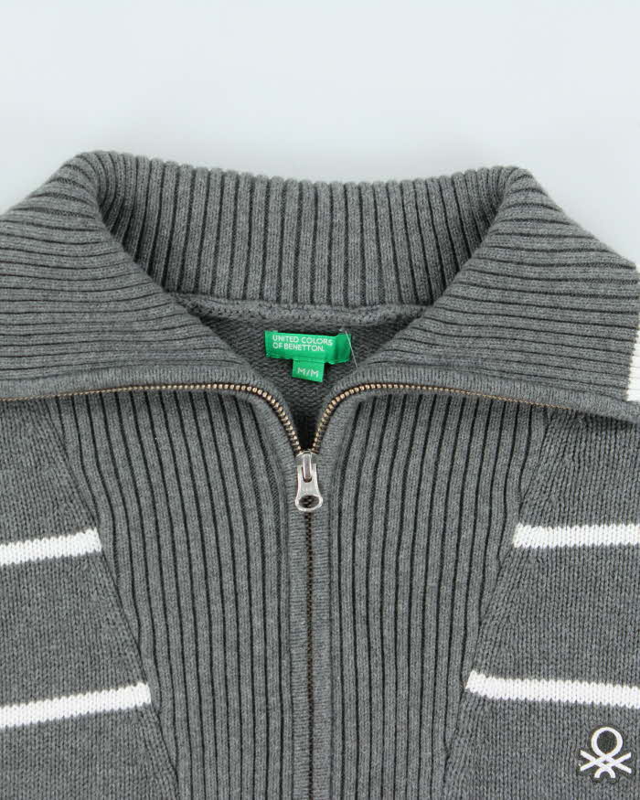 Vintage 00s Benetton Striped Quarter-Zip Funnel Knit Jumper - M