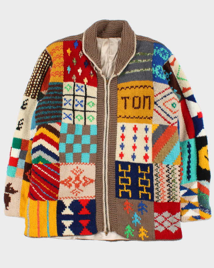 Vintage Handmade Knit Patchwork Heavyweight Chunky Zip-up Jumper - L