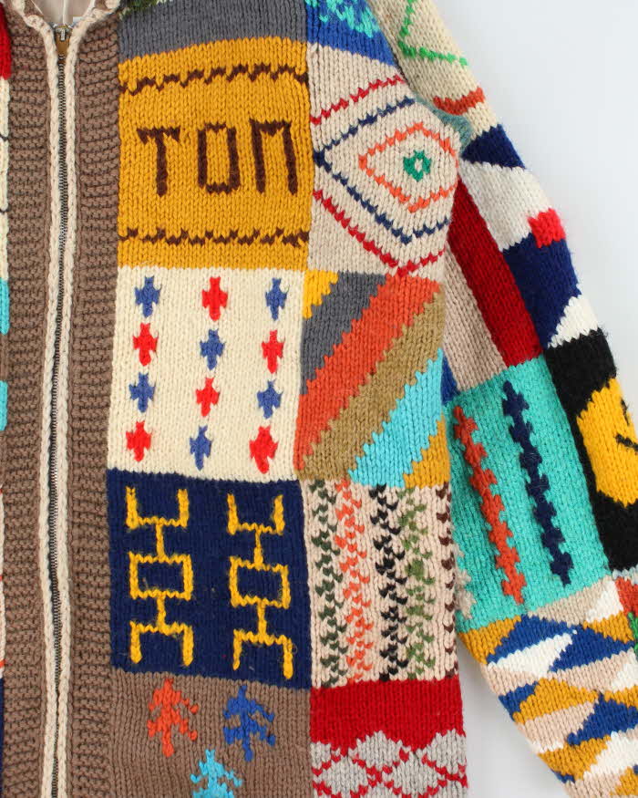 Vintage Handmade Knit Patchwork Heavyweight Chunky Zip-up Jumper - L