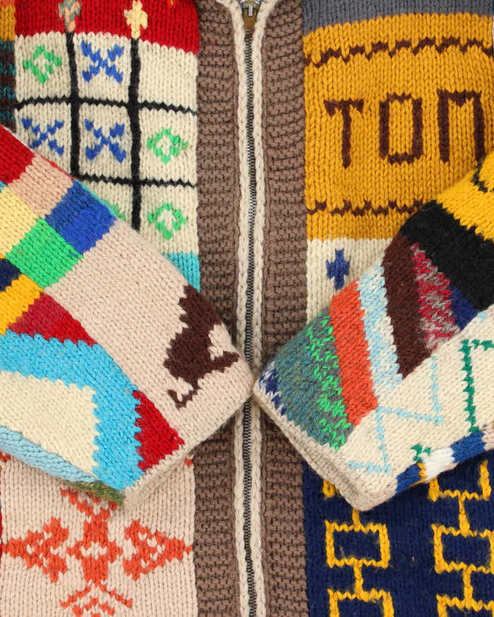 Vintage Handmade Knit Patchwork Heavyweight Chunky Zip-up Jumper - L