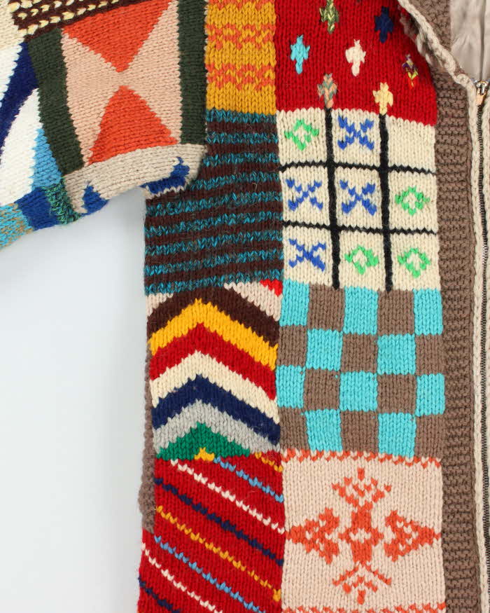 Vintage Handmade Knit Patchwork Heavyweight Chunky Zip-up Jumper - L