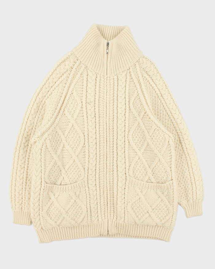 Vintage 1990s Aran Crafts Ireland Merino Wool Cable Knit Zip-Up Cardigan - M