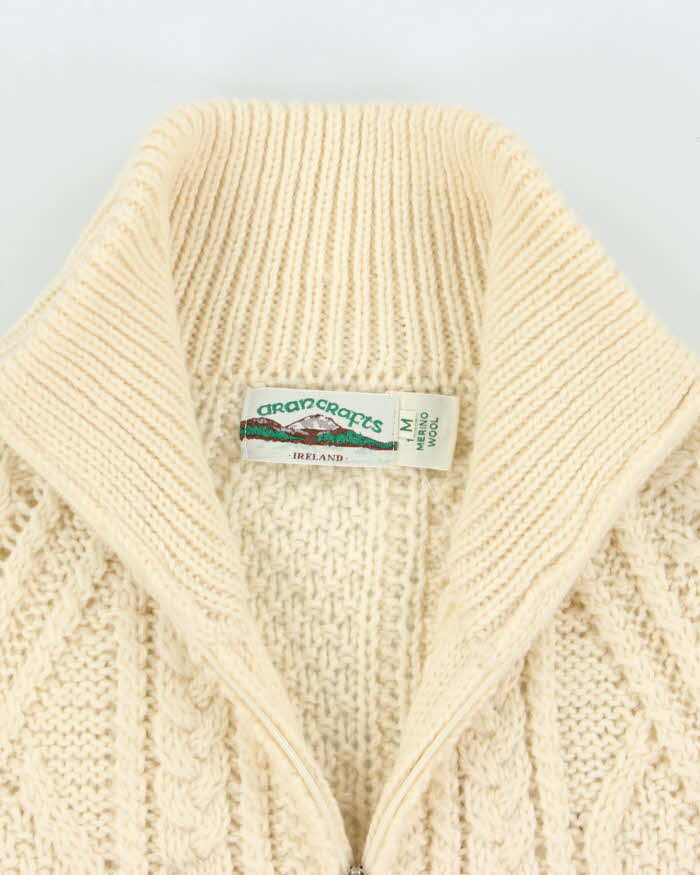 Vintage 1990s Aran Crafts Ireland Merino Wool Cable Knit Zip-Up Cardigan - M