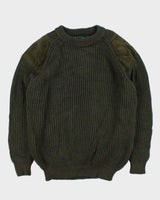 Vintage 00s Woolyback Pure New Wool Made In England Suede Patched Chunky Ribbed Knit Jumper - XL