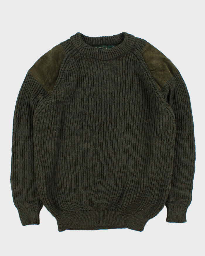 Vintage 00s Woolyback Pure New Wool Made In England Suede Patched Chunky Ribbed Knit Jumper - XL