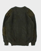 Vintage 00s Woolyback Pure New Wool Made In England Suede Patched Chunky Ribbed Knit Jumper - XL