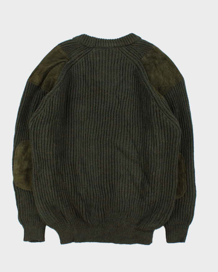 Vintage 00s Woolyback Pure New Wool Made In England Suede Patched Chunky Ribbed Knit Jumper - XL