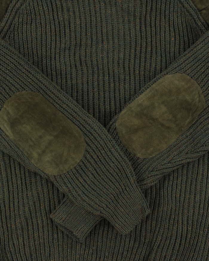 Vintage 00s Woolyback Pure New Wool Made In England Suede Patched Chunky Ribbed Knit Jumper - XL