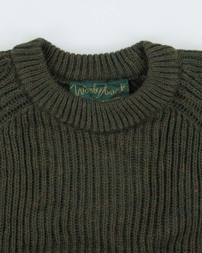 Vintage 00s Woolyback Pure New Wool Made In England Suede Patched Chunky Ribbed Knit Jumper - XL