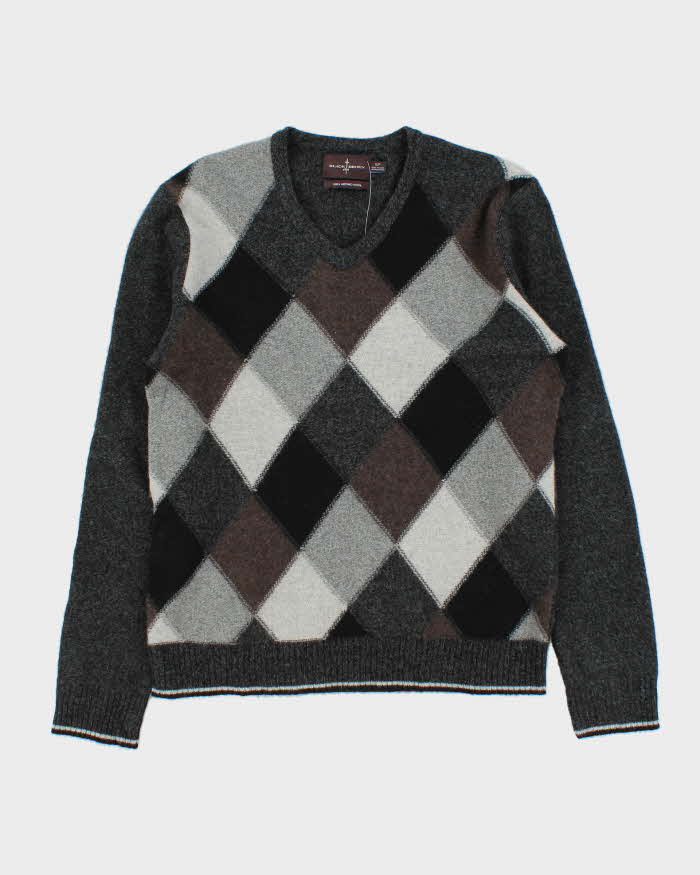 Vintage 00s Black Brown 1826 Merino Wool V-Neck Knit Jumper - S