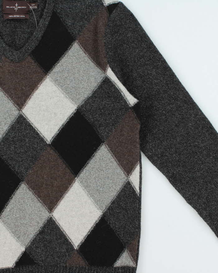 Vintage 00s Black Brown 1826 Merino Wool V-Neck Knit Jumper - S