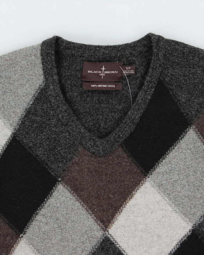 Vintage 00s Black Brown 1826 Merino Wool V-Neck Knit Jumper - S