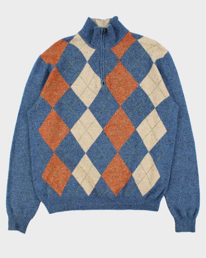 Vintage 00s Paul Fredrick Merino Wool &amp; Silk Argyle Quarter-Zip Knit Jumper - L