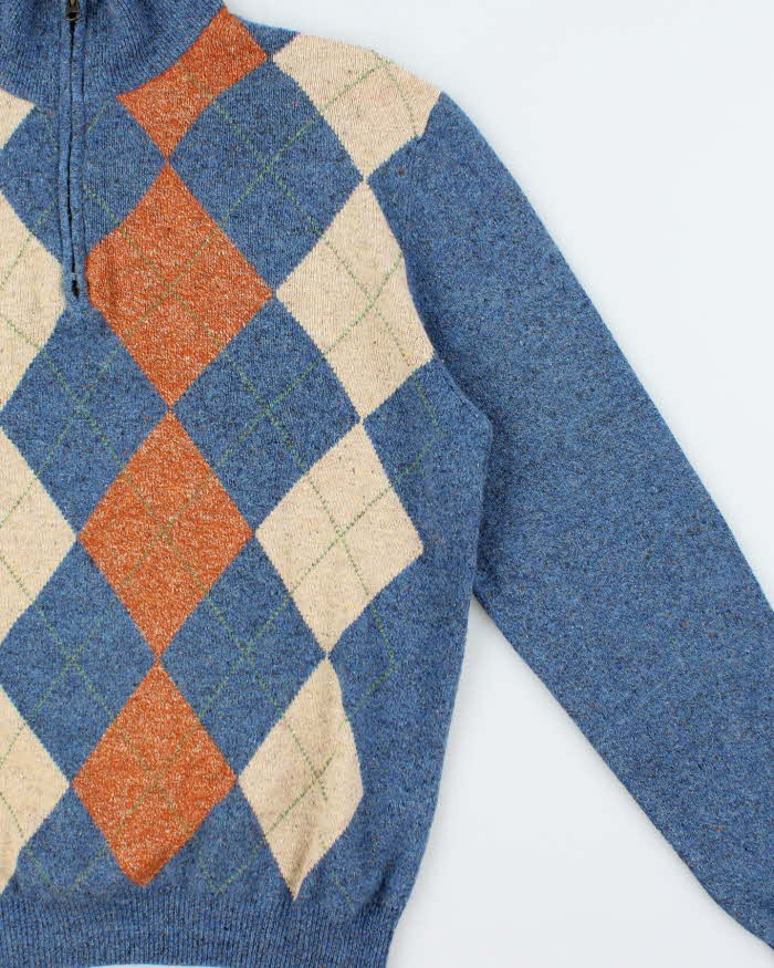 Vintage 00s Paul Fredrick Merino Wool &amp; Silk Argyle Quarter-Zip Knit Jumper - L