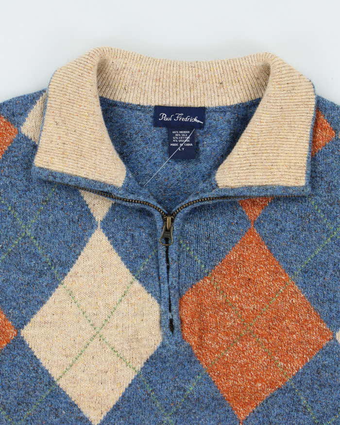 Vintage 00s Paul Fredrick Merino Wool &amp; Silk Argyle Quarter-Zip Knit Jumper - L