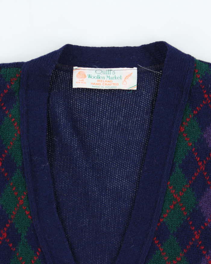 Vintage 1970s Quill's Ireland Hand Crafted Wool Argyle Cardigan - XL
