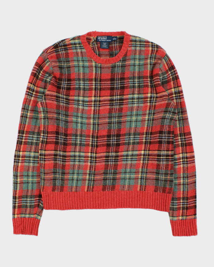 Vintage Y2K 00s Polo Ralph Lauren Tartan Wool & Camel Hair Crewneck Knit Jumper - L
