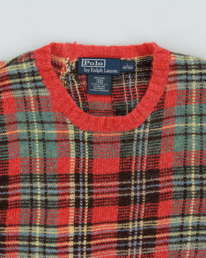 Vintage Y2K 00s Polo Ralph Lauren Tartan Wool & Camel Hair Crewneck Knit Jumper - L