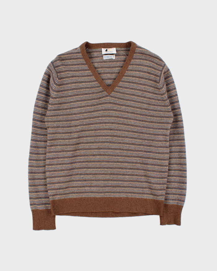 Vintage 1970s Hudson's Bay By Alan Paine Lambswool Striped V-Neck Knit Jumper - M