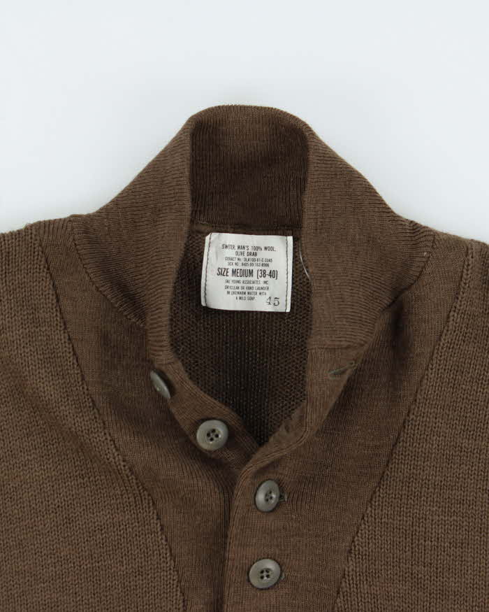Vintage 1981 US Military Wool Olive Drab Button Collared Knit Jumper - M