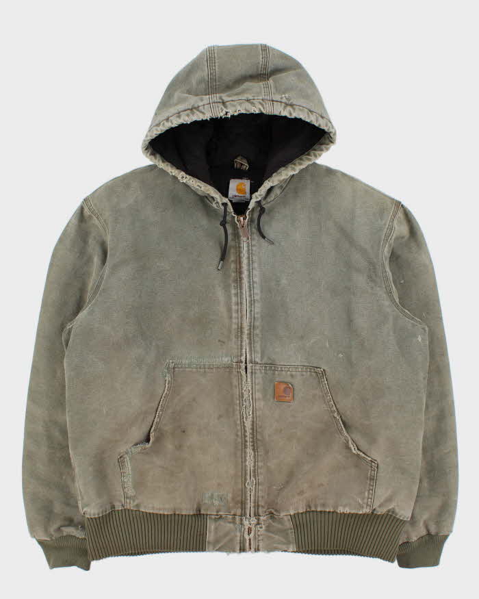 Vintage 2013 Carhartt J130 ARG 'Army Green' Distressed Duck Canvas Quilt Lined Bomber Jacket - L