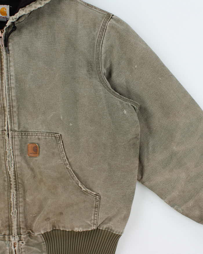 Vintage 2013 Carhartt J130 ARG 'Army Green' Distressed Duck Canvas Quilt Lined Bomber Jacket - L