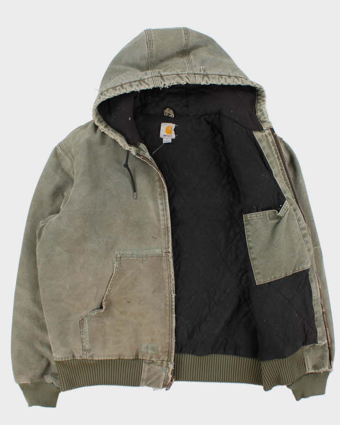 Vintage 2013 Carhartt J130 ARG 'Army Green' Distressed Duck Canvas Quilt Lined Bomber Jacket - L