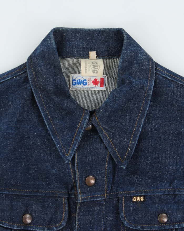Vintage 1970s GWG Union Made In Canada Raw Dark Wash Denim Snap Button Trucker Jacket - S