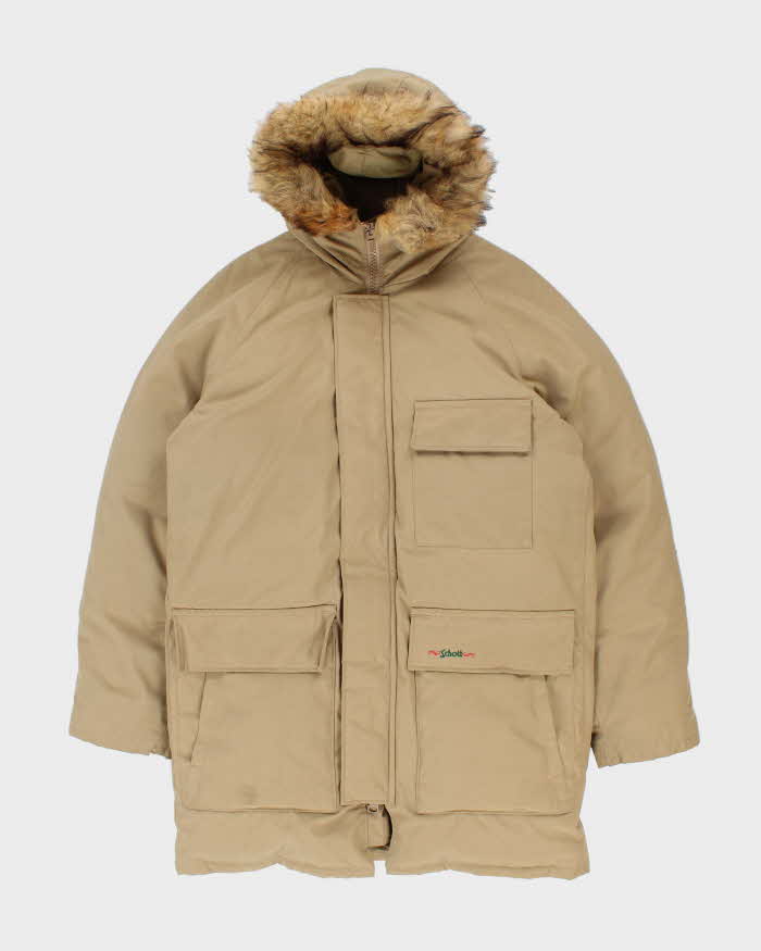 Vintage 1990s Schott N.Y.C Khaki Goose Down Made In USA Puffer Parka - S