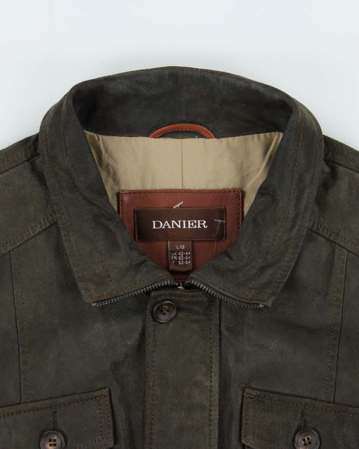 Vintage Y2K 00s Danier Forest Green Leather Military Motorcycle Jacket - L