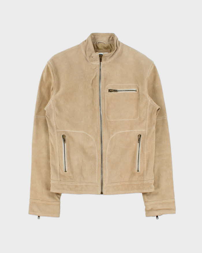 Vintage Y2K 00s Le Chateau Desert Tan Suede Contrast Stitch Cafe Racer Moto Jacket - XS