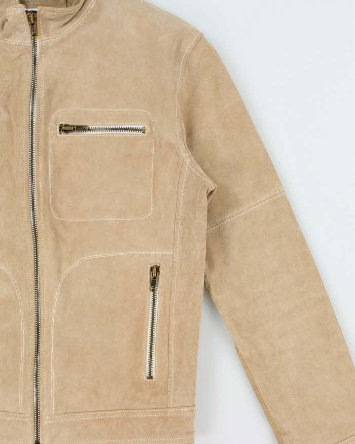 Vintage Y2K 00s Le Chateau Desert Tan Suede Contrast Stitch Cafe Racer Moto Jacket - XS