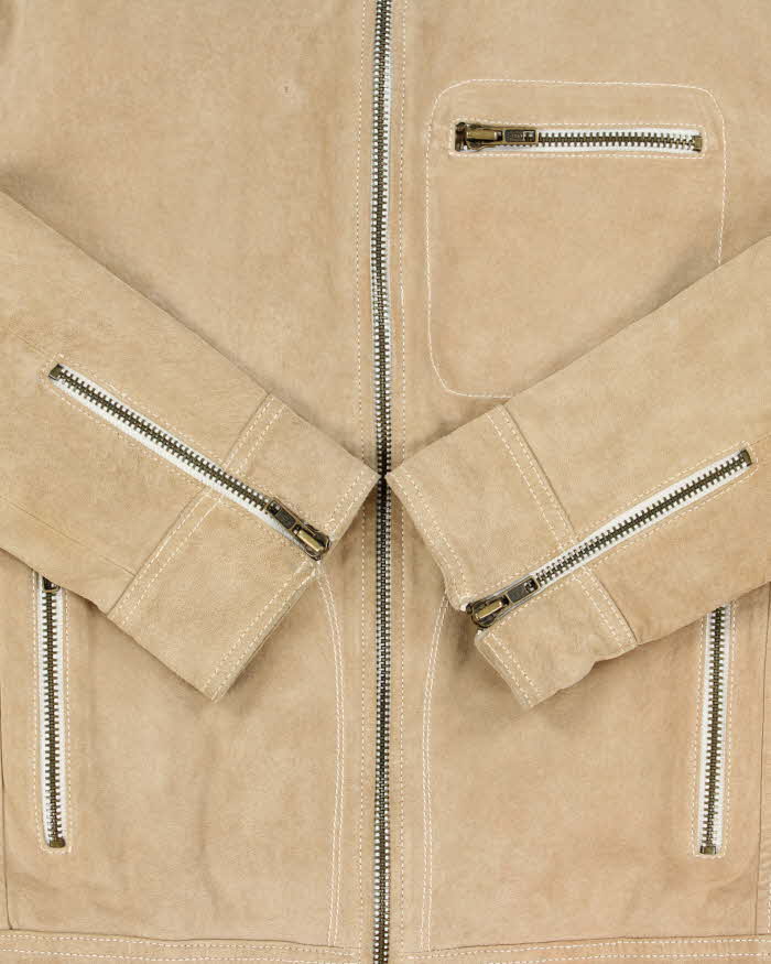 Vintage Y2K 00s Le Chateau Desert Tan Suede Contrast Stitch Cafe Racer Moto Jacket - XS