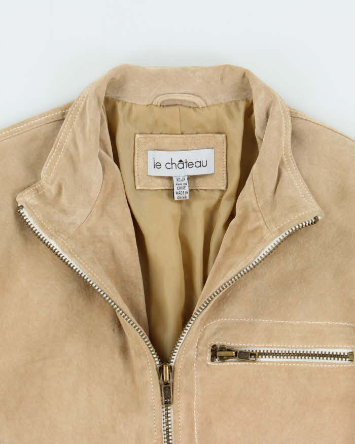 Vintage Y2K 00s Le Chateau Desert Tan Suede Contrast Stitch Cafe Racer Moto Jacket - XS