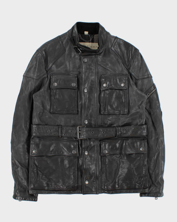 Burberry Brit Prorsum Black Calfskin Leather Made In Italy Belted Field Motorcycle Jacket - L