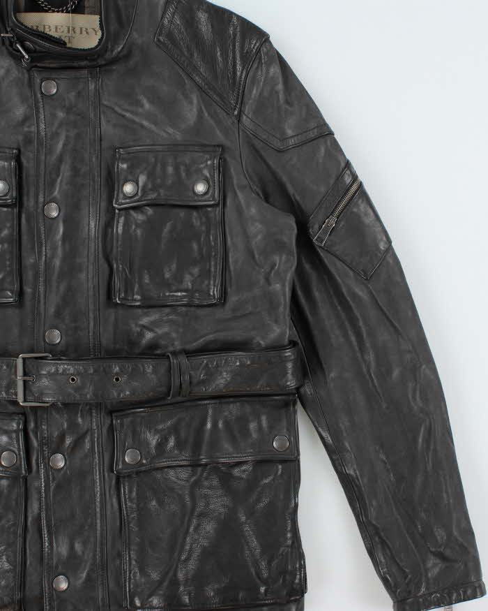 Burberry Brit Prorsum Black Calfskin Leather Made In Italy Belted Field Motorcycle Jacket - L