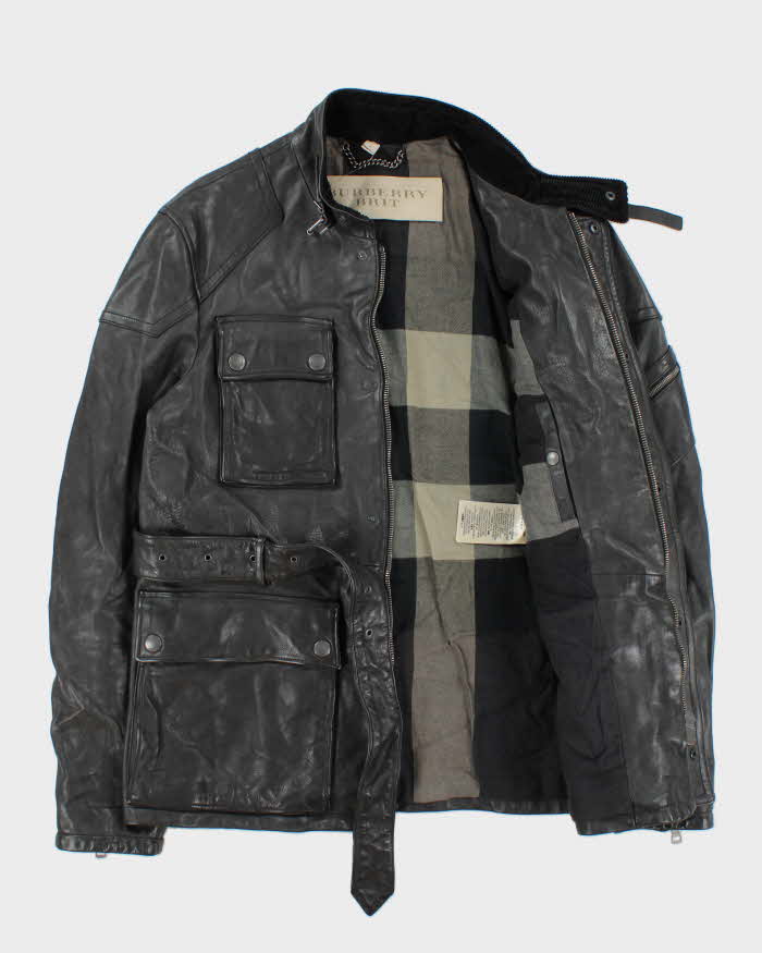 Burberry Brit Prorsum Black Calfskin Leather Made In Italy Belted Field Motorcycle Jacket - L