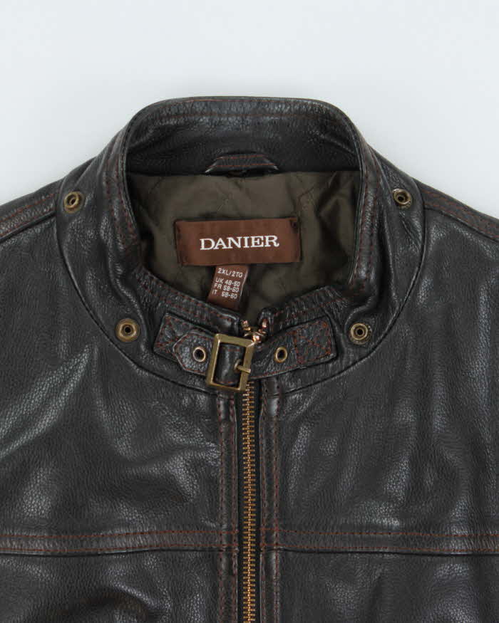 Vintage Y2K 00s Danier Dark Brown Leather Thinsulate Lined Cafe Racer Moto Jacket - XXL