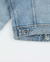 Vintage 1970s Lee Sanforized Union Made In USA Light Wash Hand Embroidered Denim Trucker Jacket - M