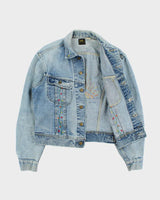 Vintage 1970s Lee Sanforized Union Made In USA Light Wash Hand Embroidered Denim Trucker Jacket - M