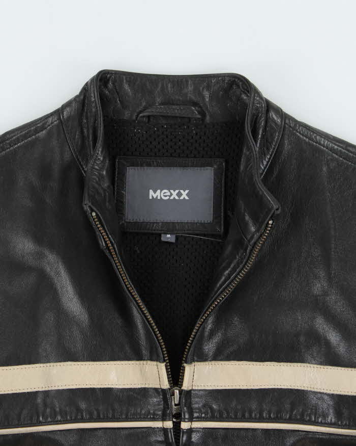Vintage Y2K 00s Mexx Cream Taped Leather Cafe Racer Moto Jacket - M