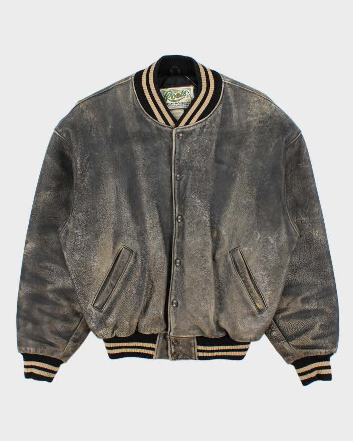 Vintage 1990s Roots Patina Leather Quilt Lined Made In Canada Varsity Bomber Jacket - L
