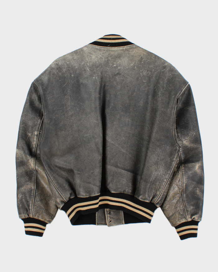 Vintage 1990s Roots Patina Leather Quilt Lined Made In Canada Varsity Bomber Jacket - L
