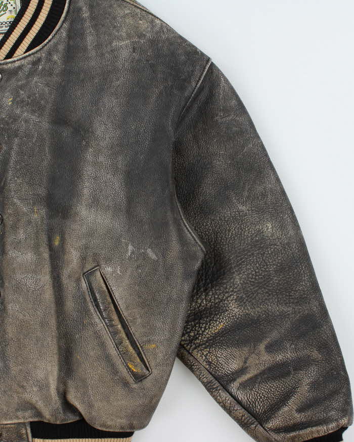 Vintage 1990s Roots Patina Leather Quilt Lined Made In Canada Varsity Bomber Jacket - L