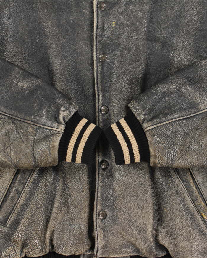 Vintage 1990s Roots Patina Leather Quilt Lined Made In Canada Varsity Bomber Jacket - L