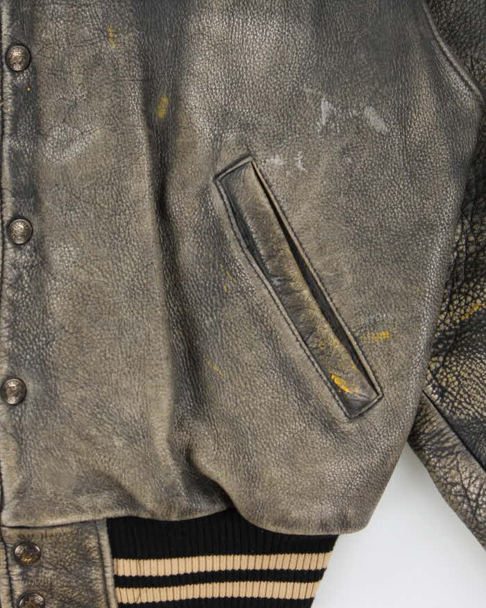 Vintage 1990s Roots Patina Leather Quilt Lined Made In Canada Varsity Bomber Jacket - L