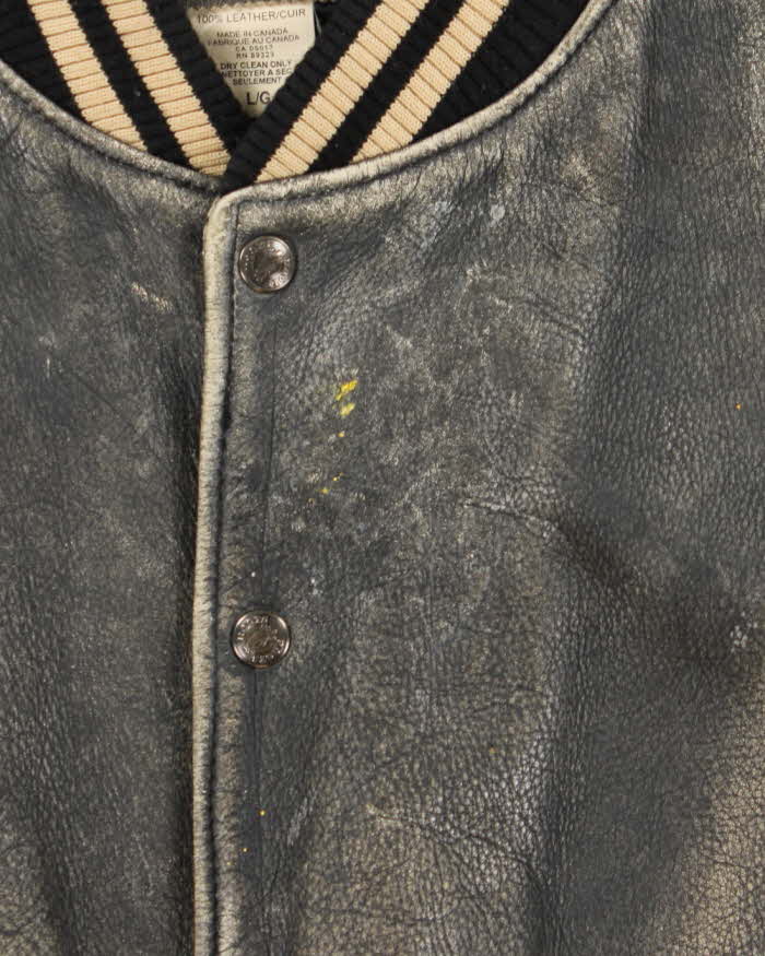 Vintage 1990s Roots Patina Leather Quilt Lined Made In Canada Varsity Bomber Jacket - L