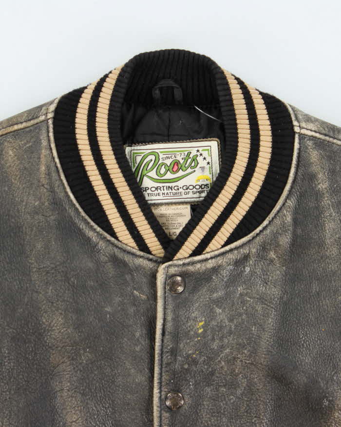 Vintage 1990s Roots Patina Leather Quilt Lined Made In Canada Varsity Bomber Jacket - L