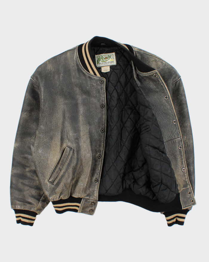 Vintage 1990s Roots Patina Leather Quilt Lined Made In Canada Varsity Bomber Jacket - L